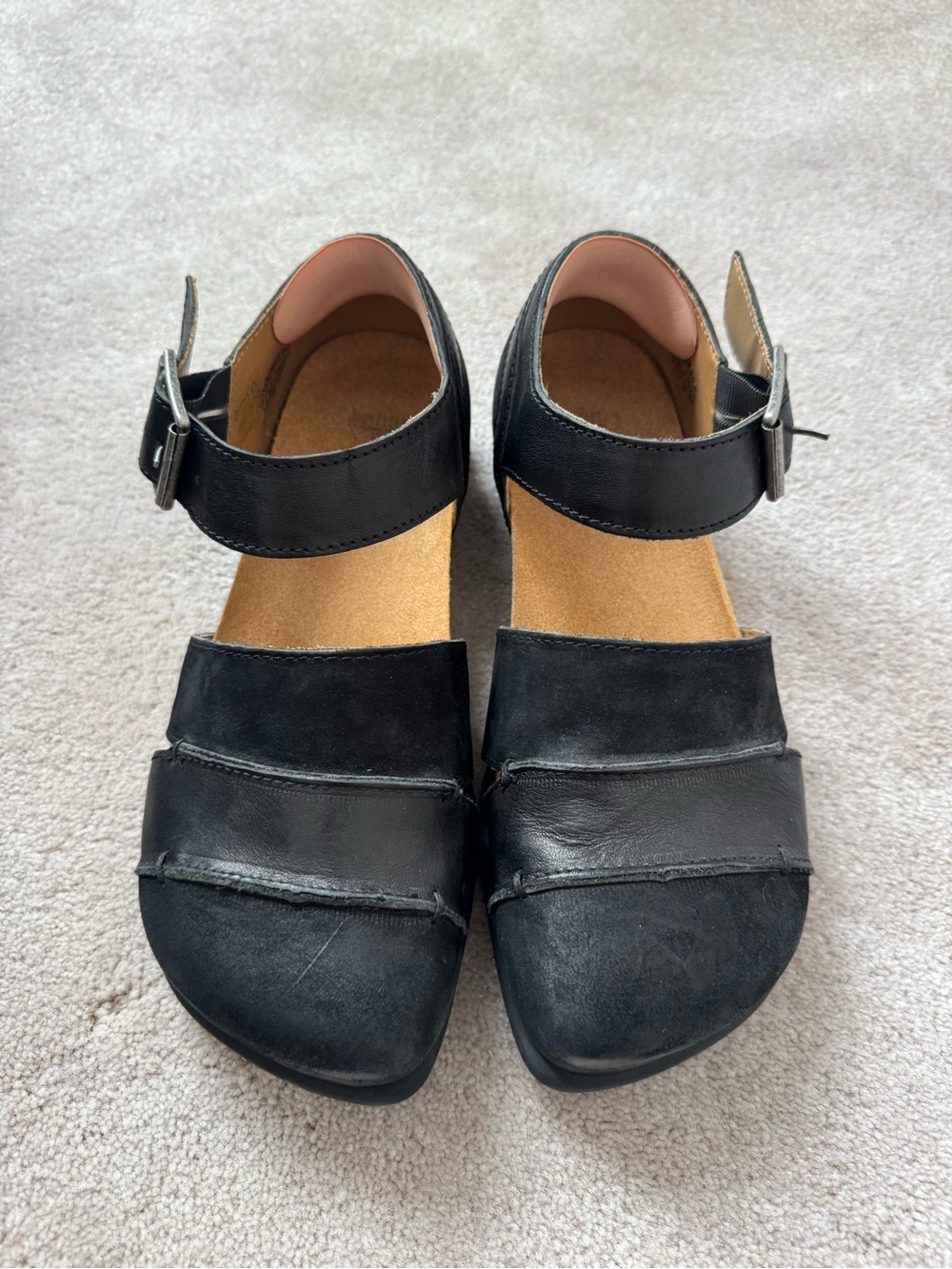 John Fluevog Sanrika Black Leather & Suede Buckle Mules